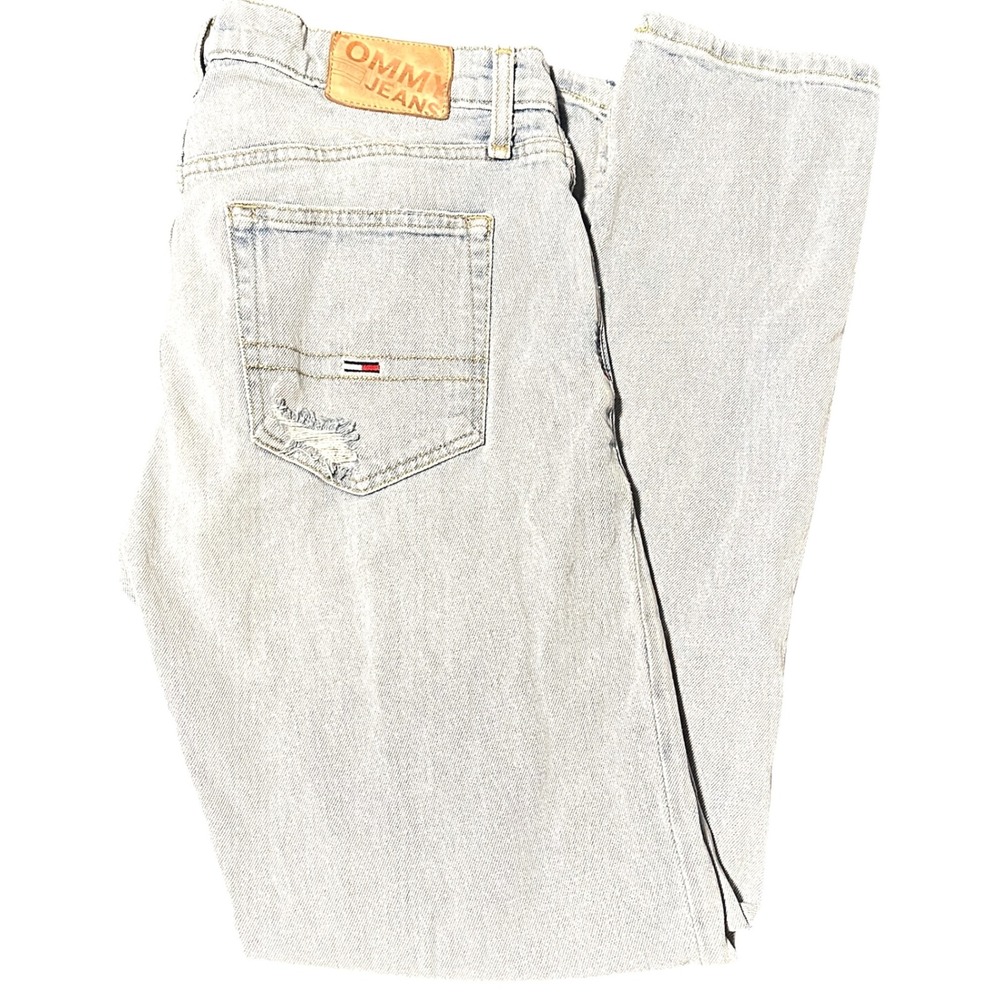 Y2K Tommy Jeans Mens Distressed Straight Leg Light Wash Denim Blue Pants 31x32